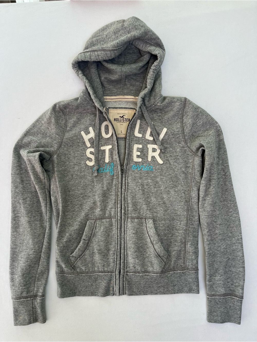 Hollister Woman Full-Zip Heather Grey Hoodie White Spell Out Letter Logo Size L